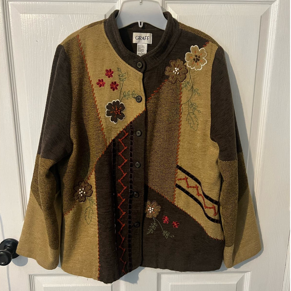 Women's Vintage GRAFF Cardigan Sweater Brown Tan‎ Patchwork Embroidered Size L